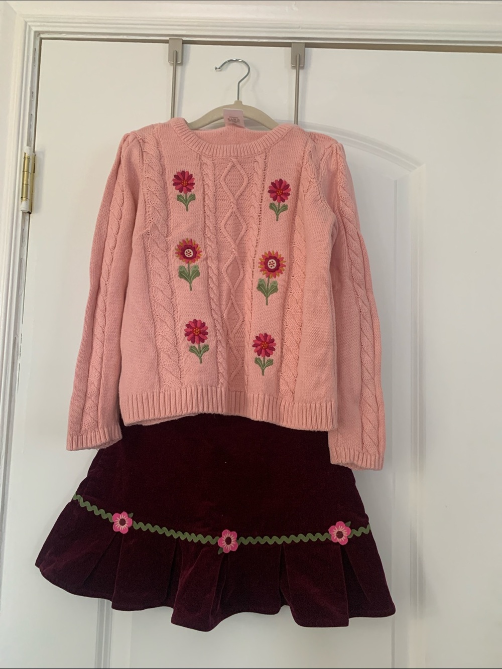 Gymboree Pink Cable-Knit Sweater with Floral Embroidery & Corduroy Skirt